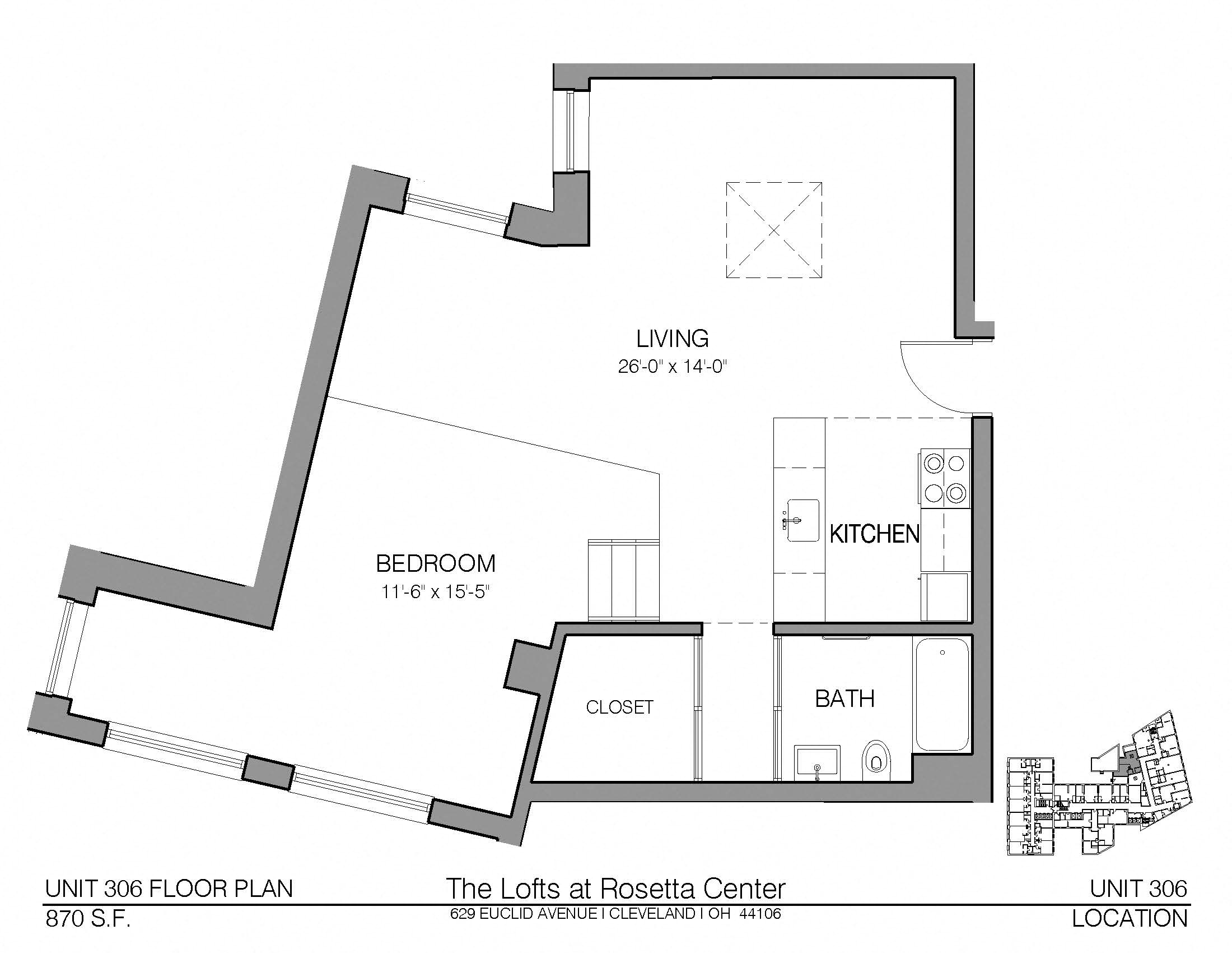 Floor plan for studio, 1 bath, 870 sqft